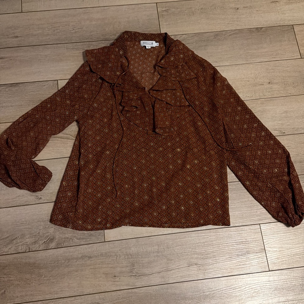 Molly Bracken Brown Rust Long-Sleeve Ruffle Blouse